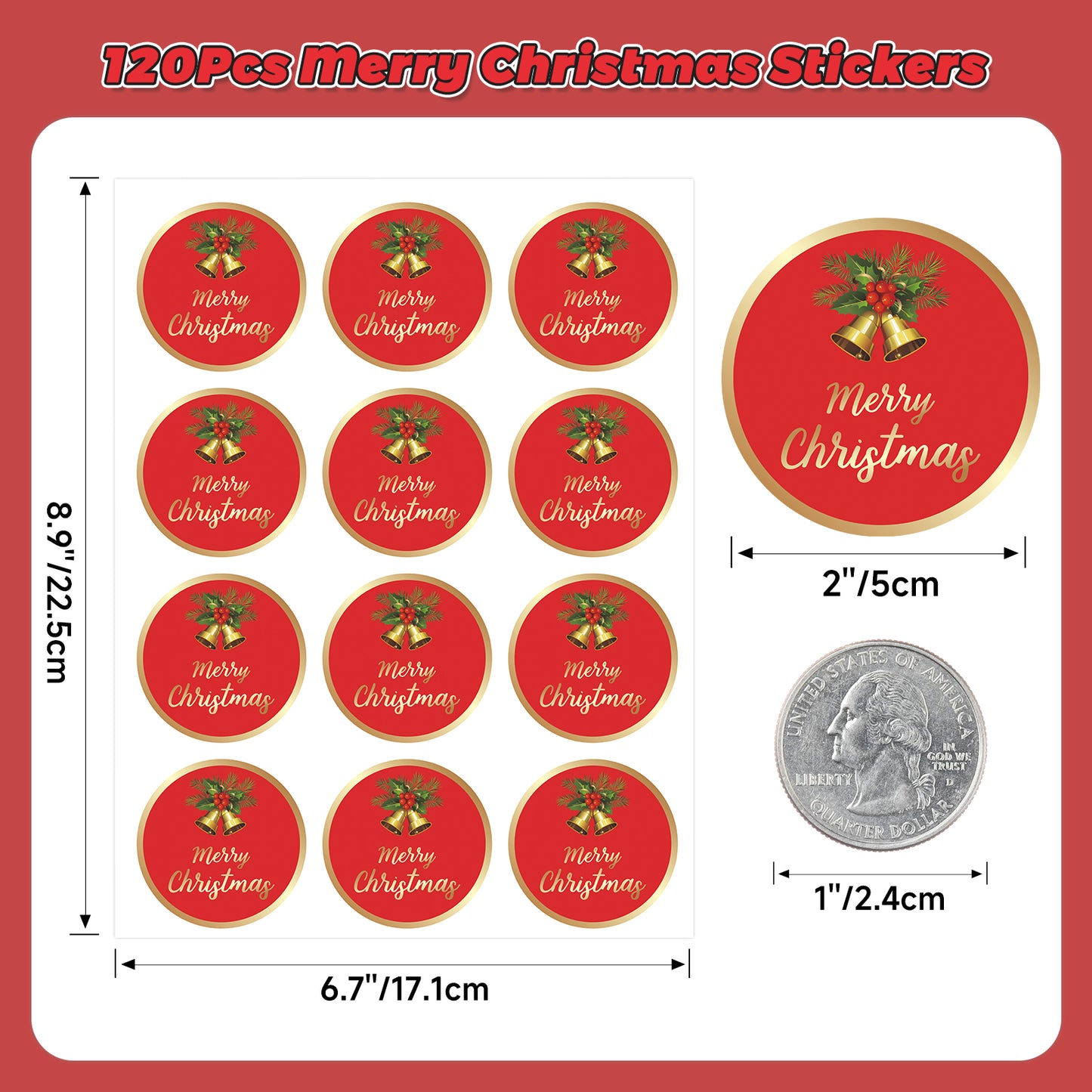 Anwyll Christmas Stickers,Merry Christmas Gift Stickers,120Pcs 2Inch Gold Foil Stamping Christmas Envelope Seal Label Sticker,Self-Adhesive Bell Xmas Gift Stickers,Happy Holiday Sticker for Card Craft