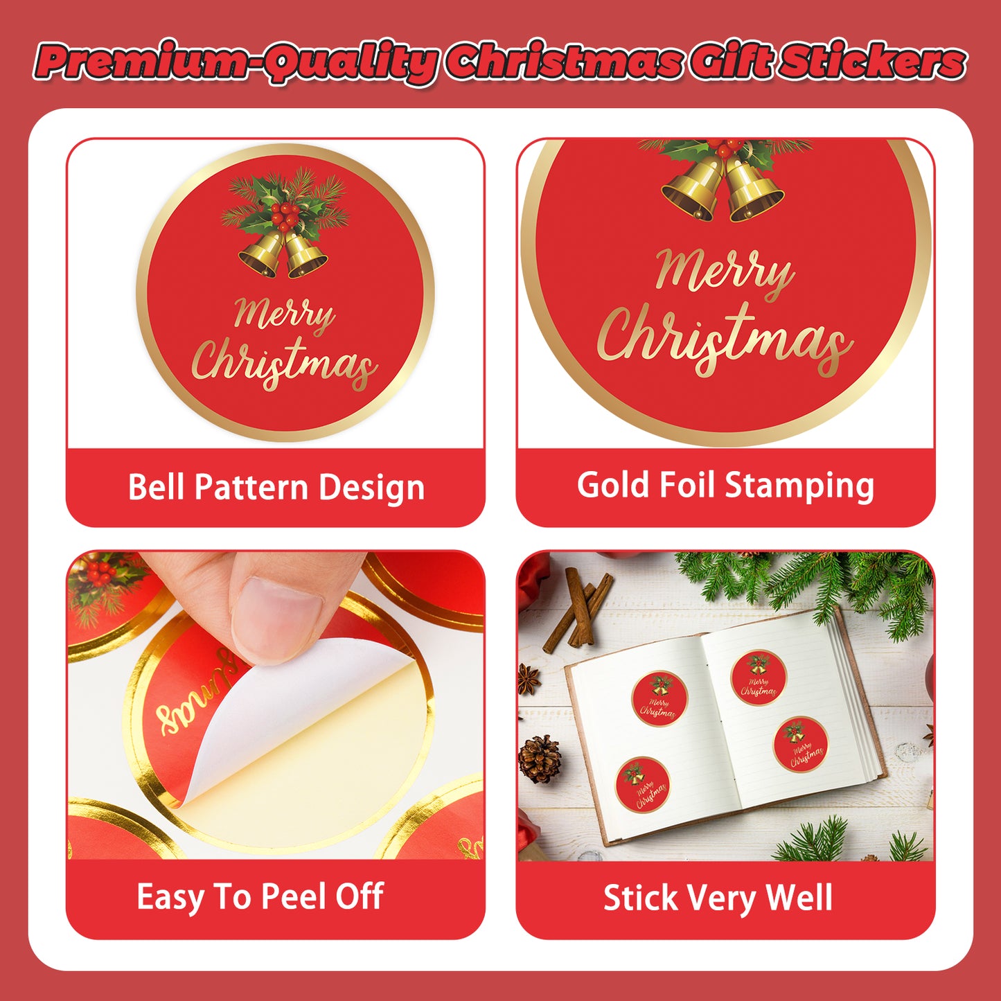 Anwyll Christmas Stickers,Merry Christmas Gift Stickers,120Pcs 2Inch Gold Foil Stamping Christmas Envelope Seal Label Sticker,Self-Adhesive Bell Xmas Gift Stickers,Happy Holiday Sticker for Card Craft