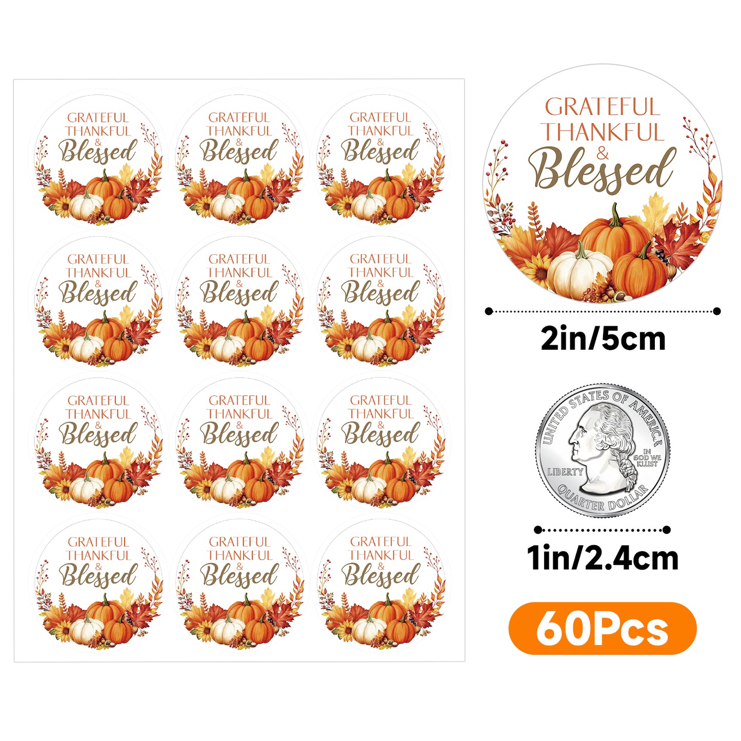 Anwyll Happy Thanksgiving Stickers - Thankful Stickers 60Pcs 2Inch Grateful Thankful Blessed Sticker Decor Self Adhesive Thanksgiving Thank You Sticker for Card Envelope Seal Holiday Fall Party Favors