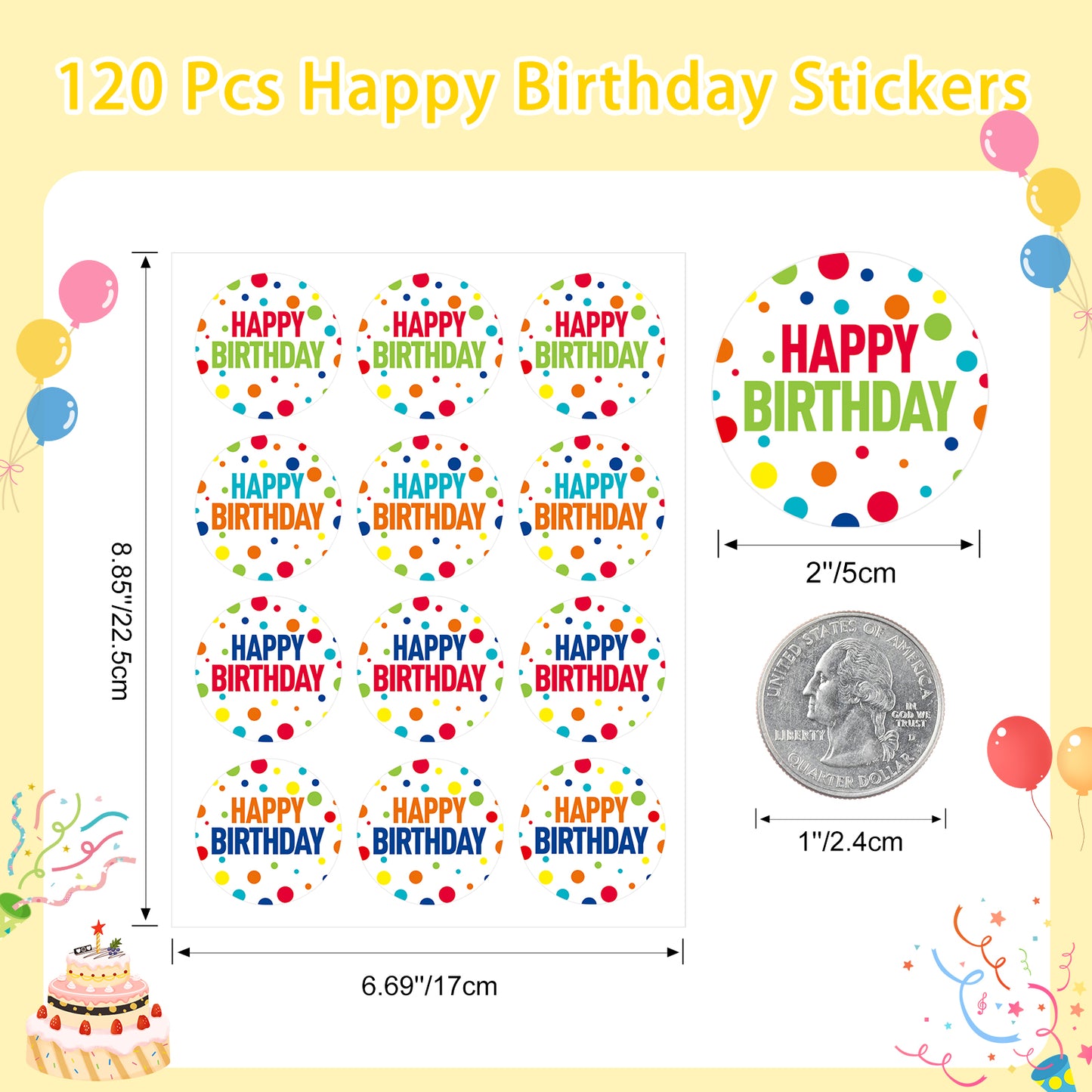 Anwyll Happy Birthday Stickers,120Pcs 2Inch Birthday Party Favors Present Stickers,Round Gift Stickers,Self-Adhesive Birthday Seals Labels Stickers for Adult Kid,Gift Wrap,Envelope,Card,Party Supply