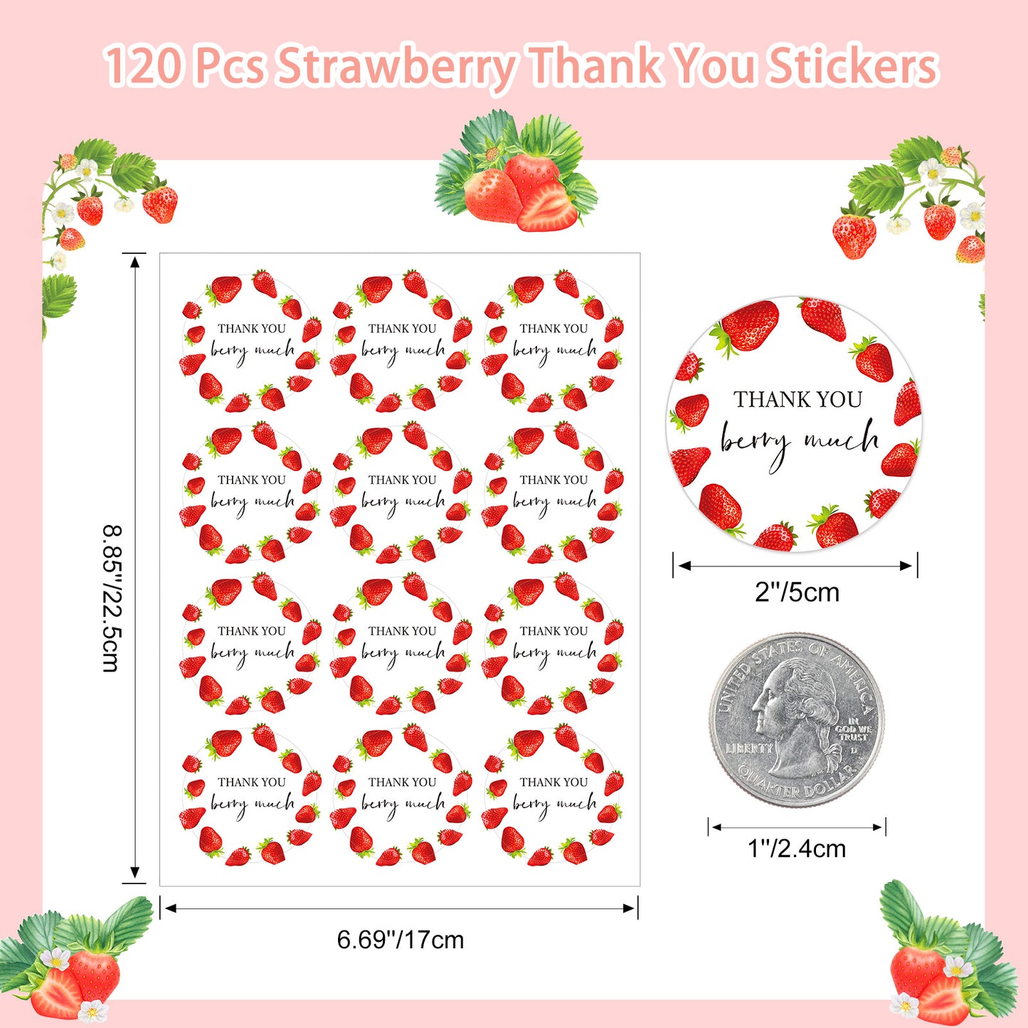 Anwyll Strawberry Thank You Stickers,120Pcs 2Inch Thank You Berry Much Stickers,Thank You Party Favor Stickers,Self-Adhesive Sweet Strawberry Birthday Party Thank You Sticker Label for Cookie Bag Gift
