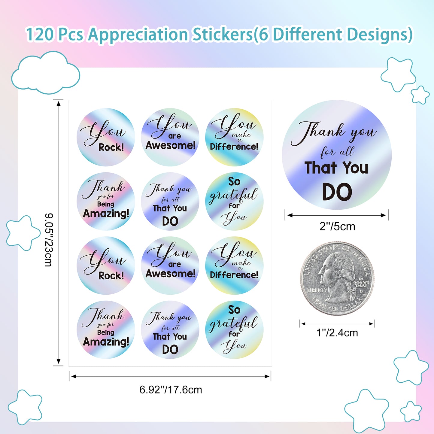 Anwyll Kudos Appreciation Thank You Stickers,120Pcs 2Inch Thank You for All You Do Stickers,Holographic Rainbow You Are Awesome Sticker,so Grateful for You Sticker for Employee Nurse Teacher Volunteer