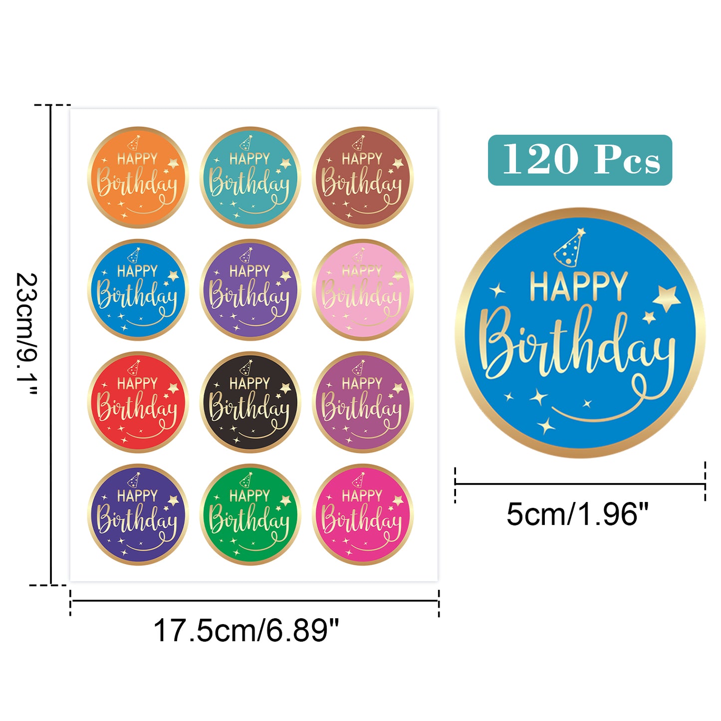 Anwyll Happy Birthday Stickers,2 Inch Gold Foil Stamping Birthday Stickers Seals Labels,Circle Gift Stickers,120 Pcs Birthday Party Favors Present Stickers for Birthday Party,Gift Bags,Gift Wrapping