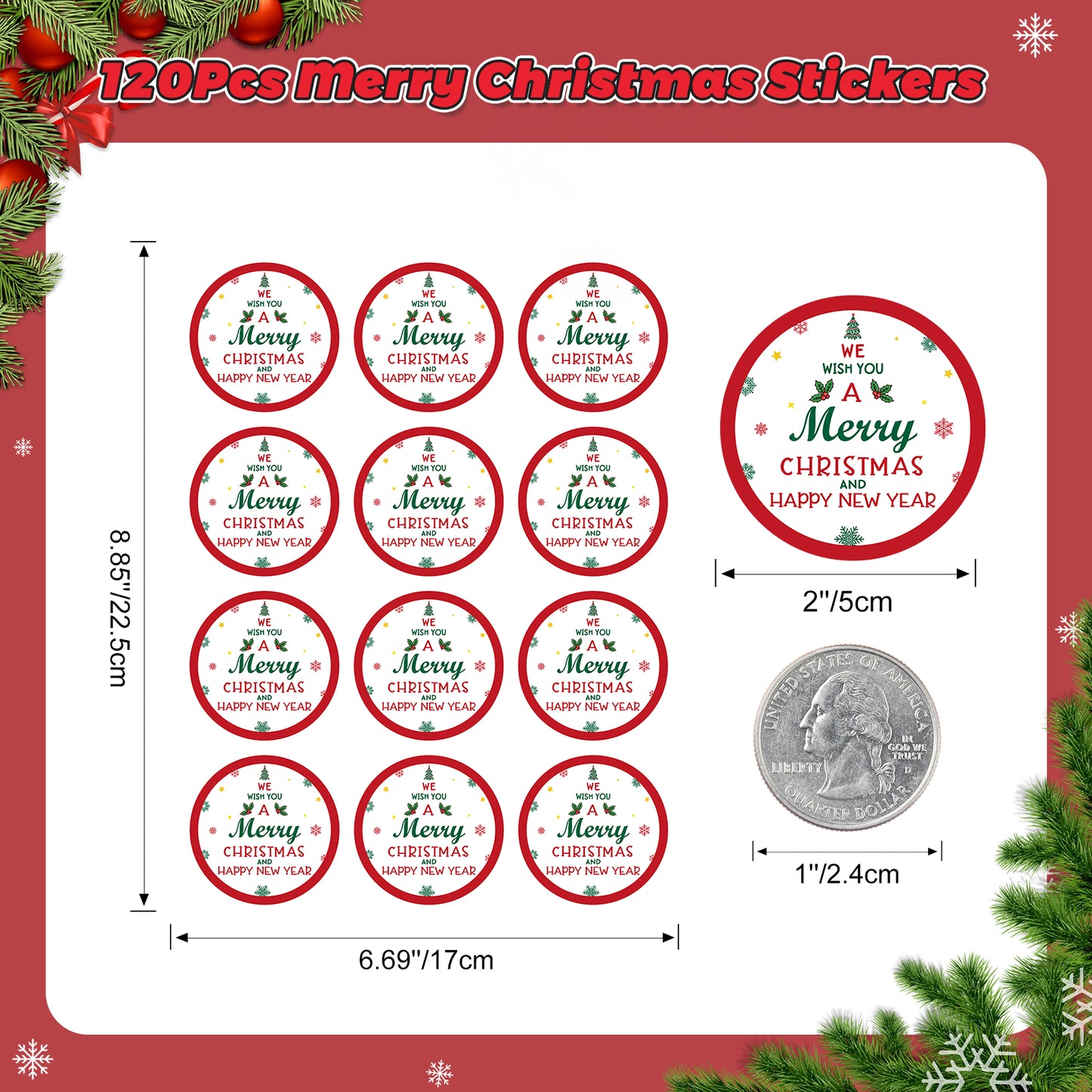Anwyll Christmas Stickers,Merry Christmas Gift Stickers,120Pcs 2Inch Happy New Year Stickers,Self-Adhesive Christmas Envelope Seal Label Sticker,Holly Xmas Sticker,Happy Holiday Sticker for Card Craft