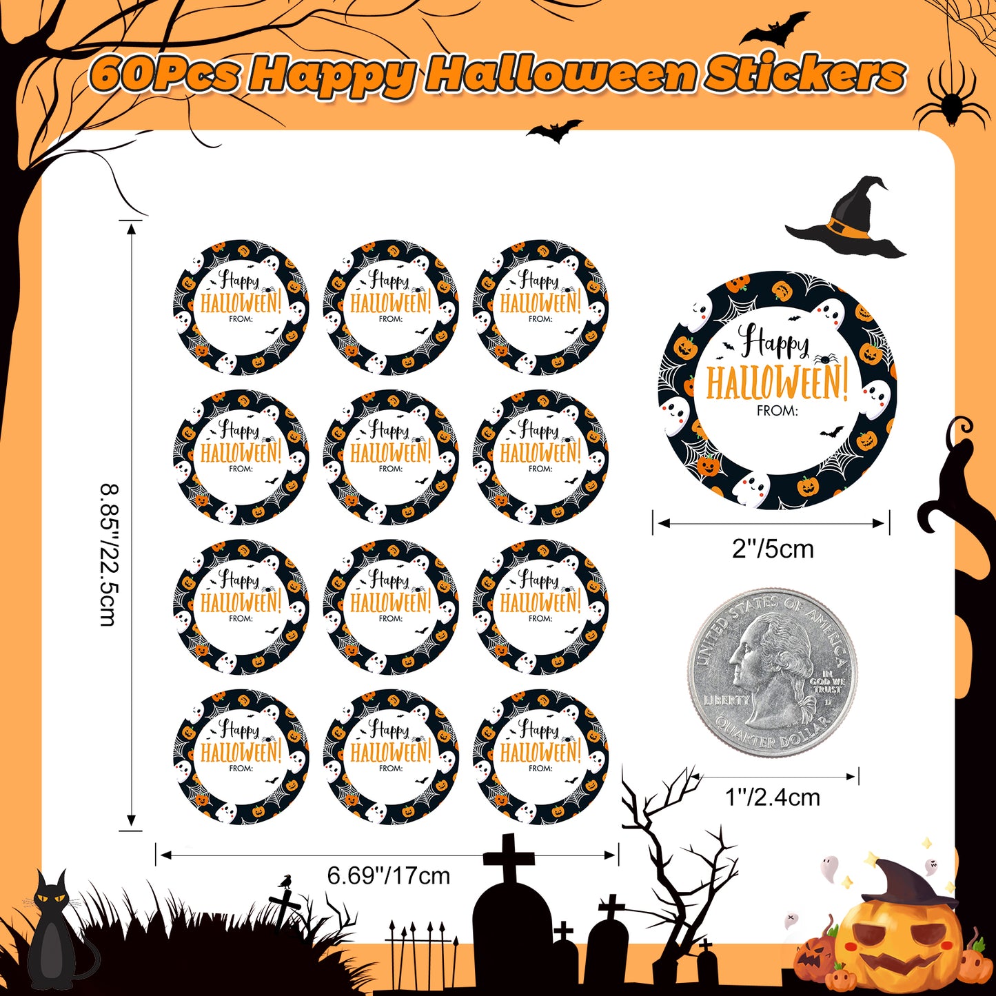 Anwyll Happy Halloween Stickers,60Pcs 2Inch Round Halloween From Gift Stickers,Self-Adhesive Halloween Tag Label Sticker,Spooky Halloween Ghost Bat Spider Pumpkin Stickers for Envelope Halloween Party