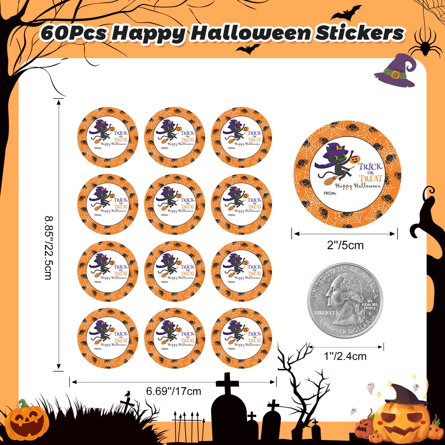 Anwyll Happy Halloween Stickers,60Pcs 2Inch Round Halloween From Gift Stickers,Self-Adhesive Halloween Tag Label Sticker,Spooky Halloween Cat Spider Stickers,Trick Or Treat Stickers for Envelopes Bags