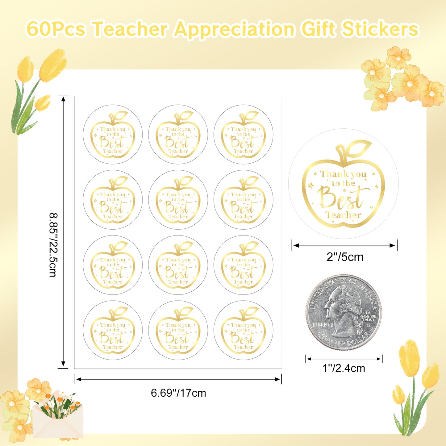 Anwyll Teacher Appreciation Stickers,Thank You Best Teacher Ever Stickers Labels,60Pcs 2Inch Teachers Day Gift Stickers,Gold Foil Apple Gift Stickers for Card Envelope Gift Wrapping Party Favor Supply