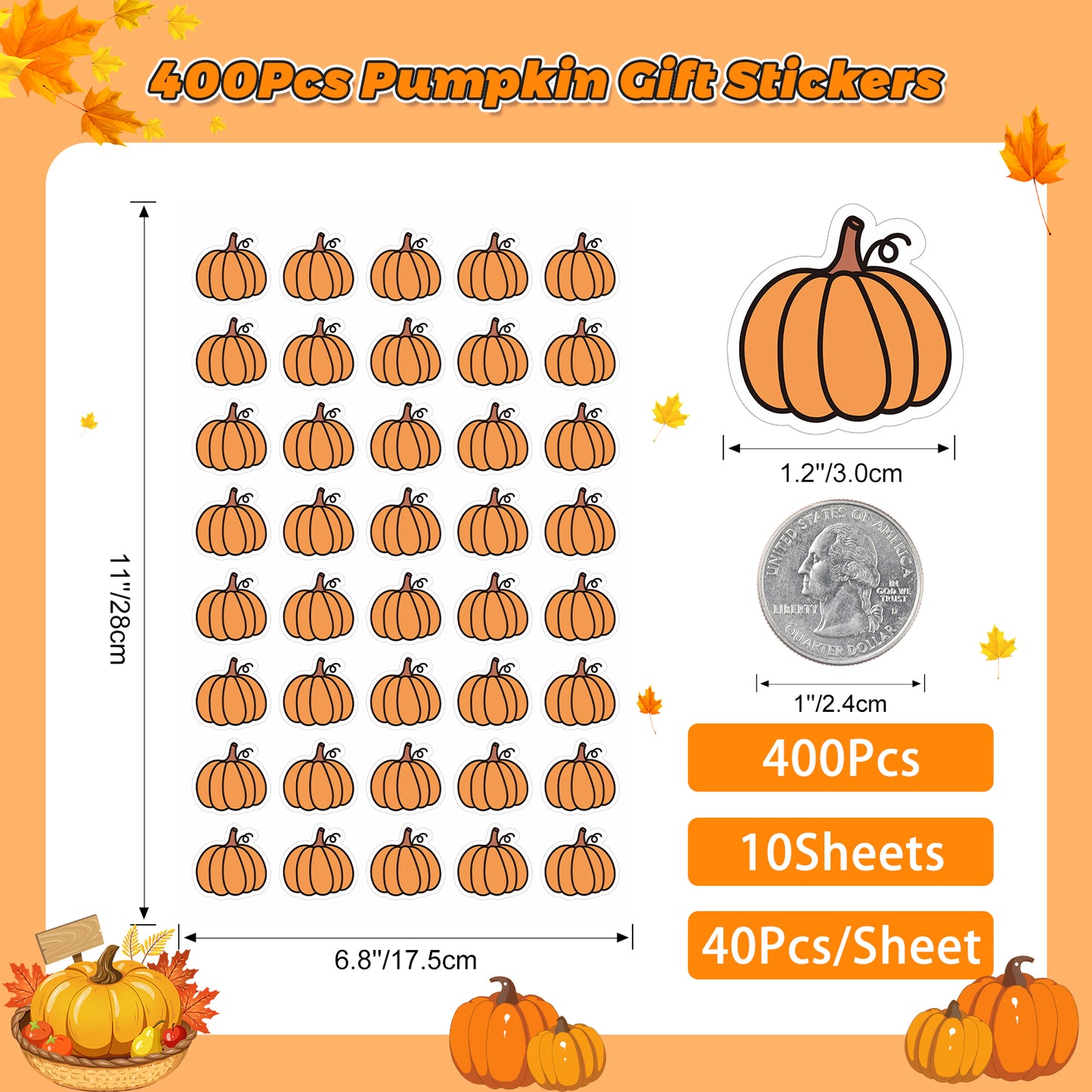 Anwyll Pumpkin Stickers for Kid Adult,400Pcs Happy Halloween Pumpkin Seal Label Sticker,Self-Adhesive Hallo Fall Autumn Stickers,Thanksgiving Pumpkin Stickers,Reward Stickers for Envelope Card Party