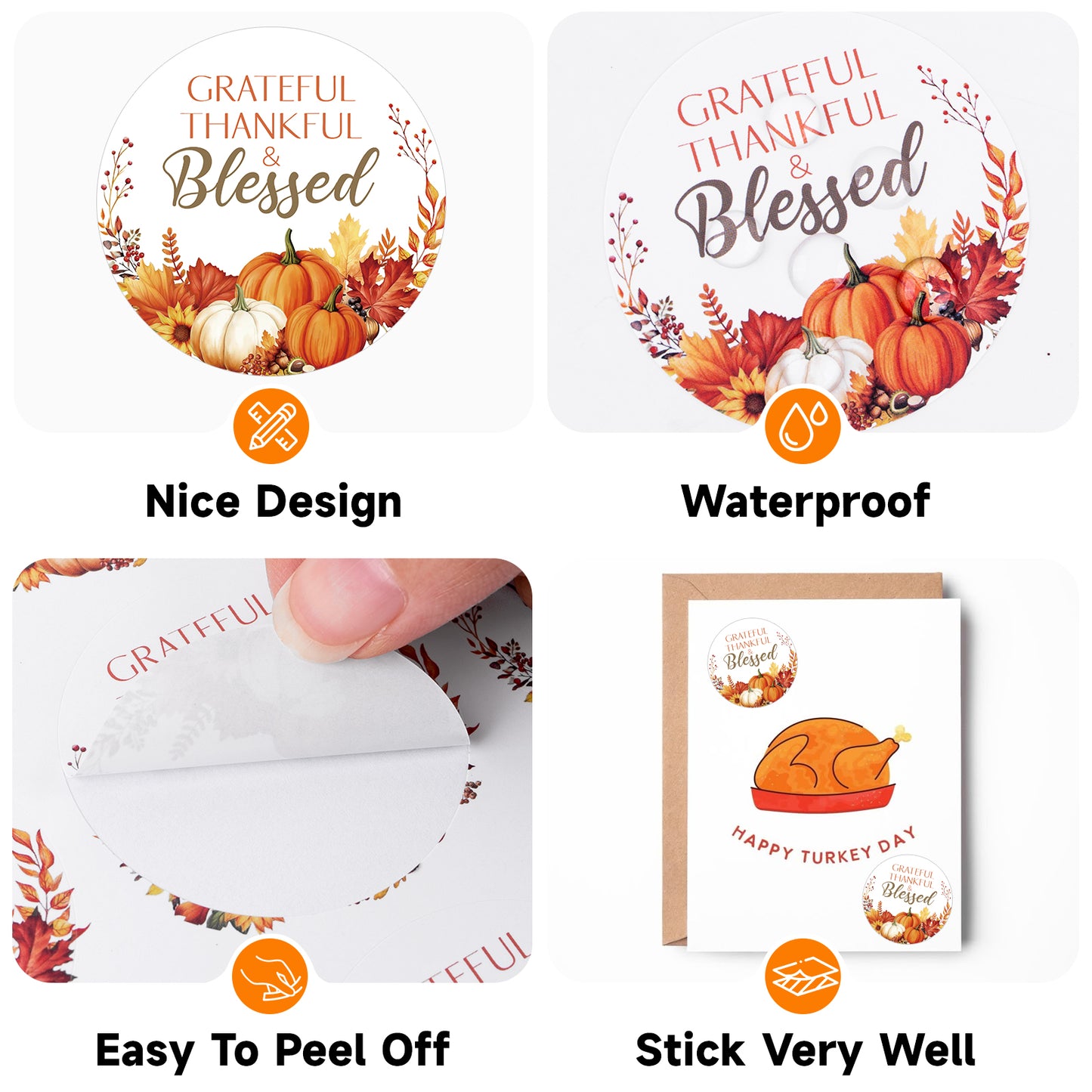 Anwyll Happy Thanksgiving Stickers - Thankful Stickers 60Pcs 2Inch Grateful Thankful Blessed Sticker Decor Self Adhesive Thanksgiving Thank You Sticker for Card Envelope Seal Holiday Fall Party Favors