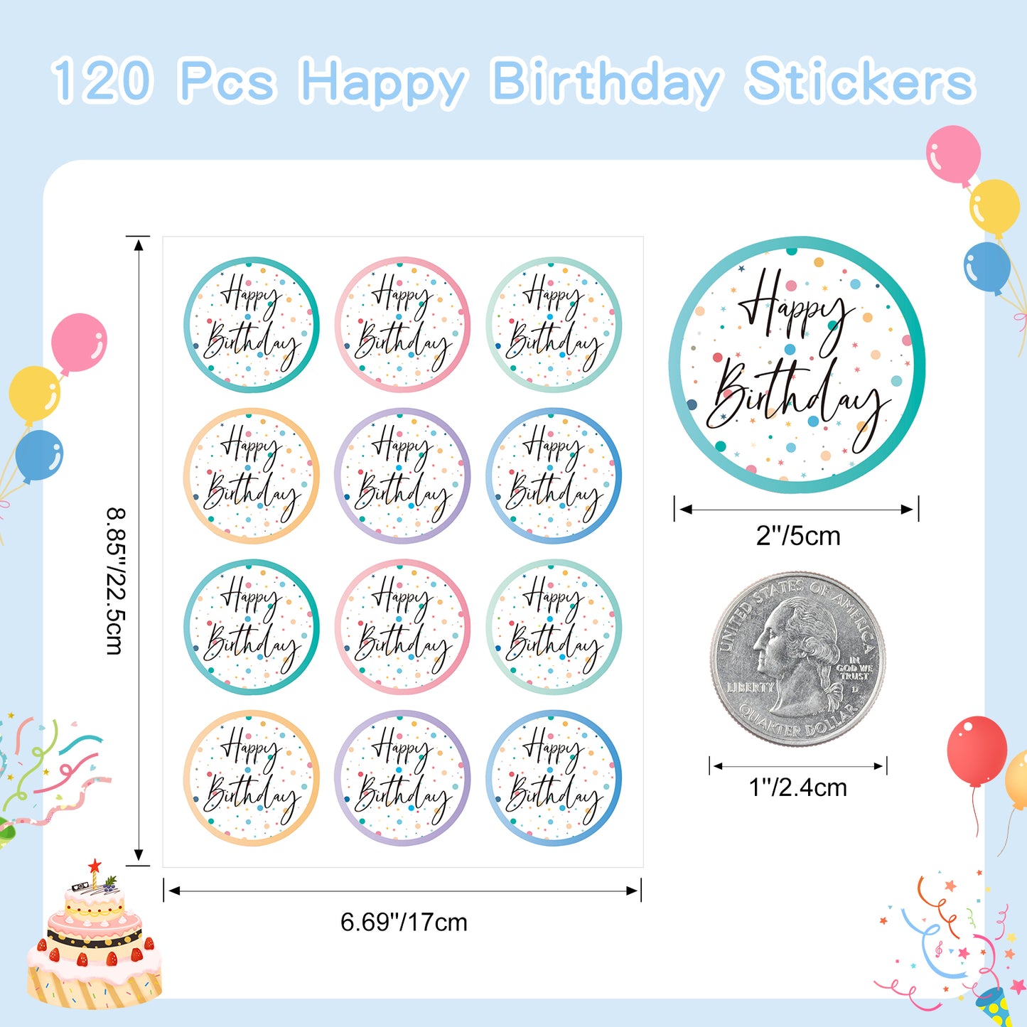 Anwyll Happy Birthday Stickers,120Pcs 2Inch Birthday Party Favors Present Stickers,Circle Gift Stickers,Self-Adhesive Birthday Seals Labels Stickers for Adult Kid,Gift Wrap,Envelope,Card,Party Supply