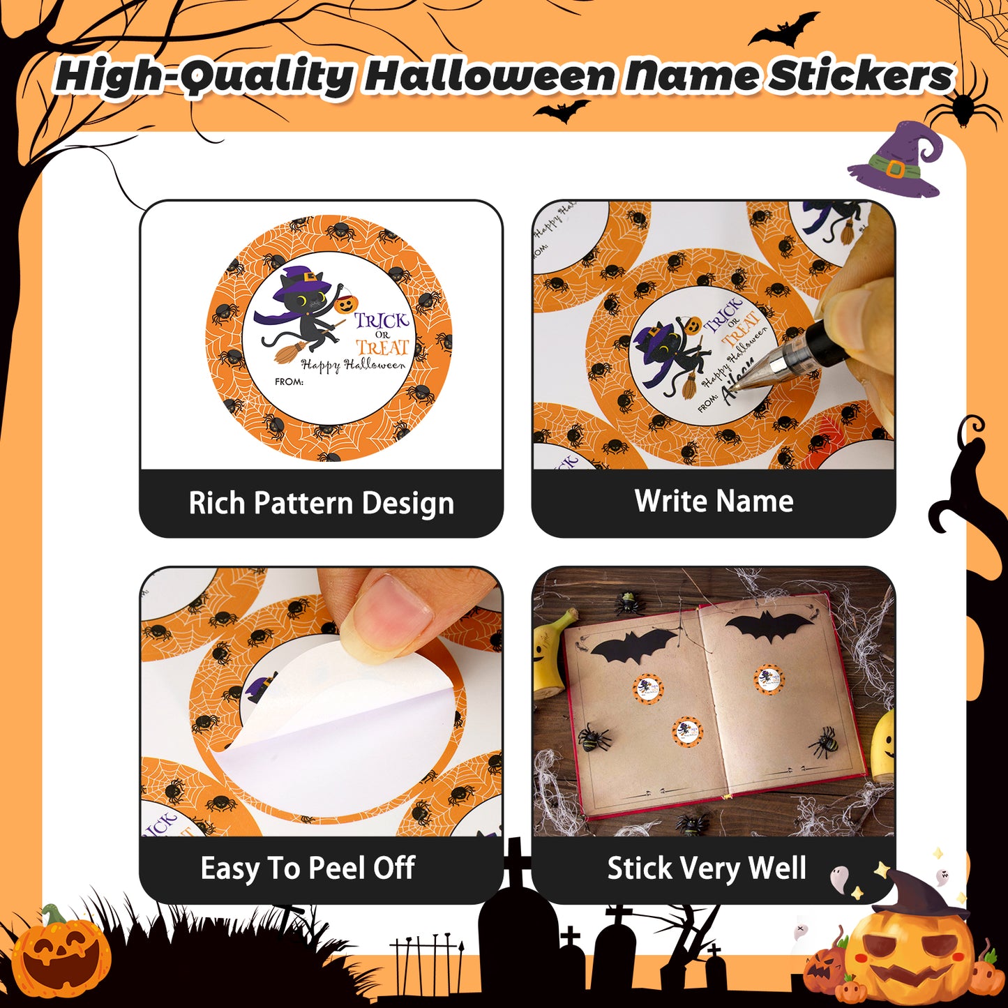 Anwyll Happy Halloween Stickers,60Pcs 2Inch Round Halloween From Gift Stickers,Self-Adhesive Halloween Tag Label Sticker,Spooky Halloween Cat Spider Stickers,Trick Or Treat Stickers for Envelopes Bags