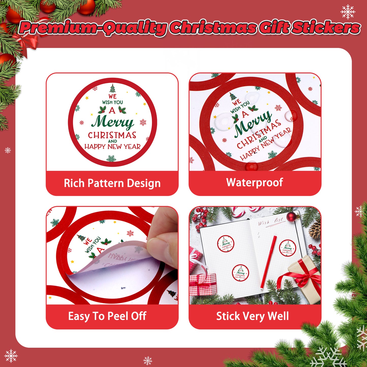 Anwyll Christmas Stickers,Merry Christmas Gift Stickers,120Pcs 2Inch Happy New Year Stickers,Self-Adhesive Christmas Envelope Seal Label Sticker,Holly Xmas Sticker,Happy Holiday Sticker for Card Craft