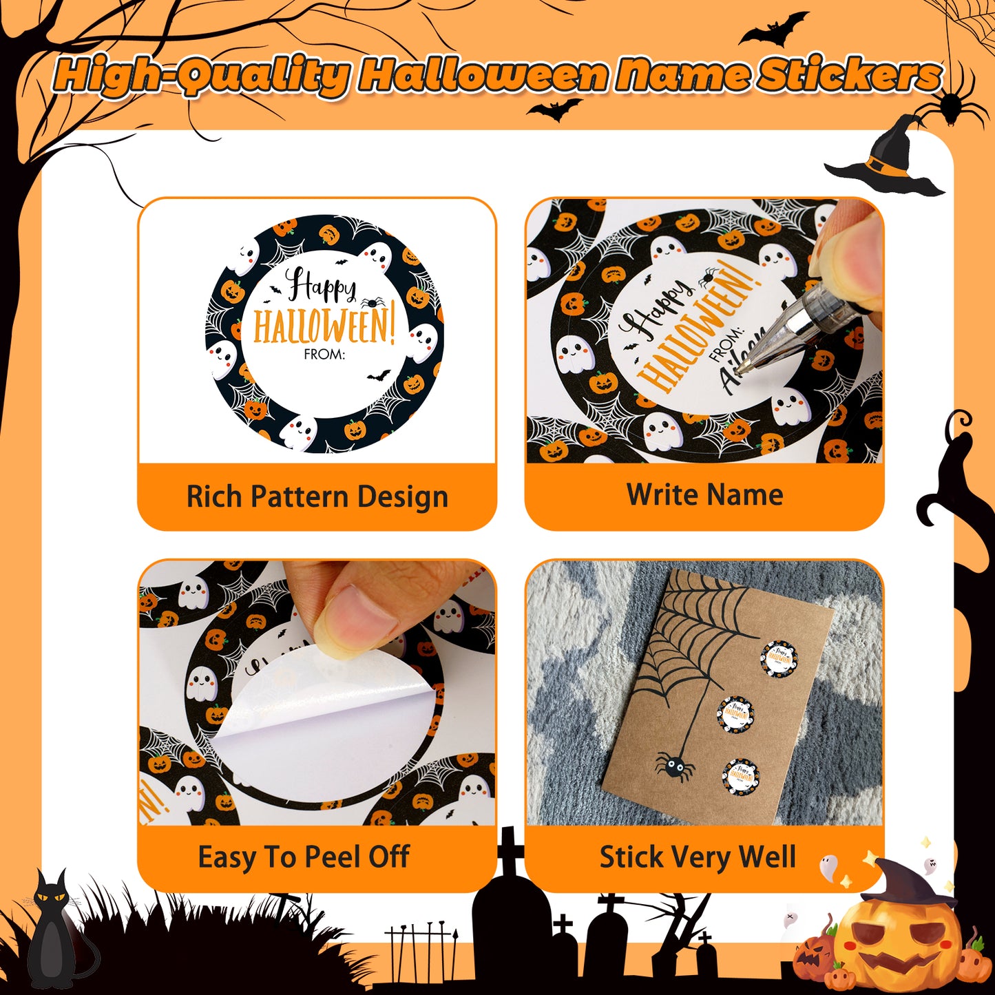 Anwyll Happy Halloween Stickers,60Pcs 2Inch Round Halloween From Gift Stickers,Self-Adhesive Halloween Tag Label Sticker,Spooky Halloween Ghost Bat Spider Pumpkin Stickers for Envelope Halloween Party