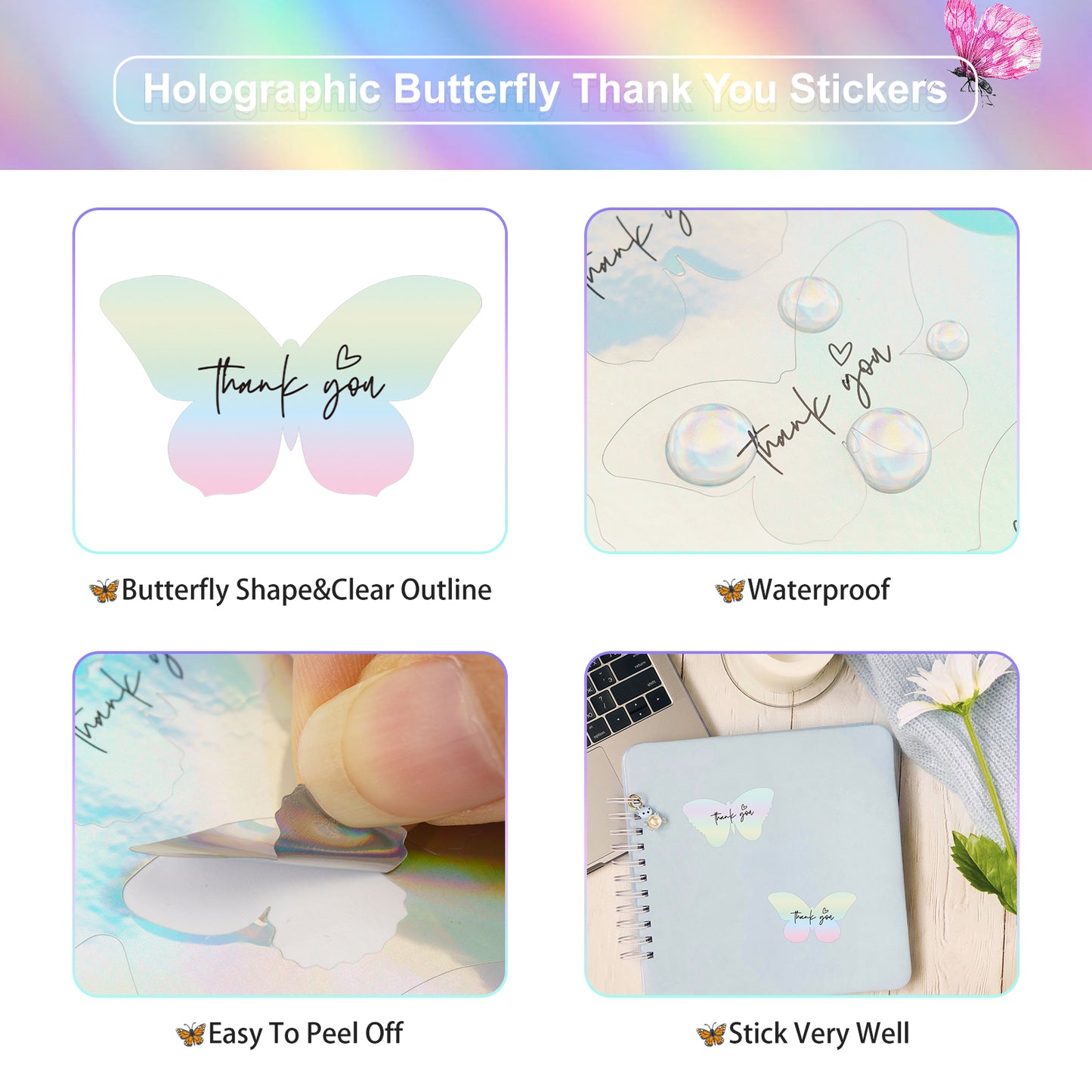 Anwyll Butterfly Thank You Gift Stickers,540Pcs Holographic Rainbow Foil Thank You Stickers Small Business,Self-Adhesive Butterfly Thank You Party Favors Stickers for Packaging Birthday Baby Shower