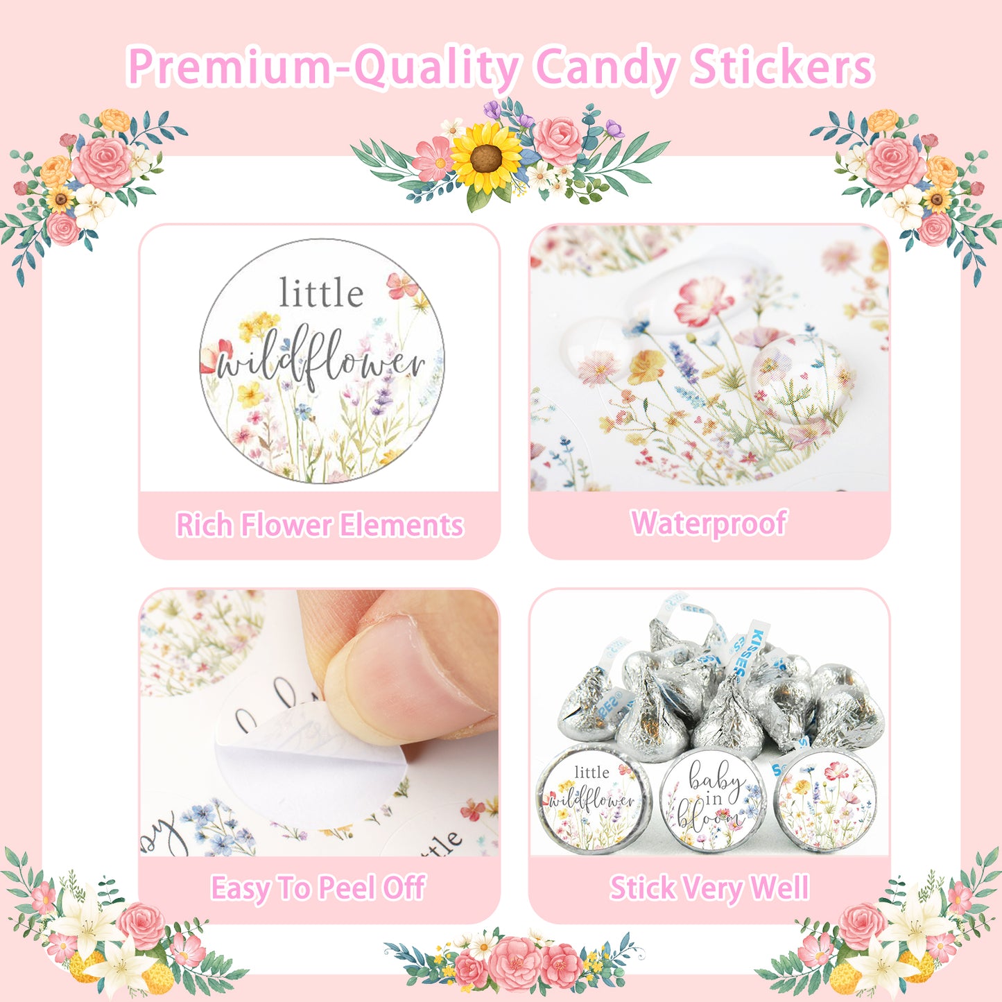 Anwyll Little Wildflower Baby Shower Kisses Candy Stickers,210Pcs 0.75Inch Baby Shower Party Favor Decor Sticker,Self-Adhesive Floral Baby In Bloom Sticker for Girl Boy Baby Shower Gender Reveal Party