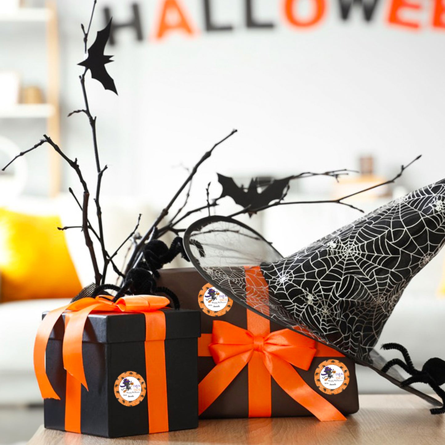 Anwyll Happy Halloween Stickers,60Pcs 2Inch Round Halloween From Gift Stickers,Self-Adhesive Halloween Tag Label Sticker,Spooky Halloween Cat Spider Stickers,Trick Or Treat Stickers for Envelopes Bags
