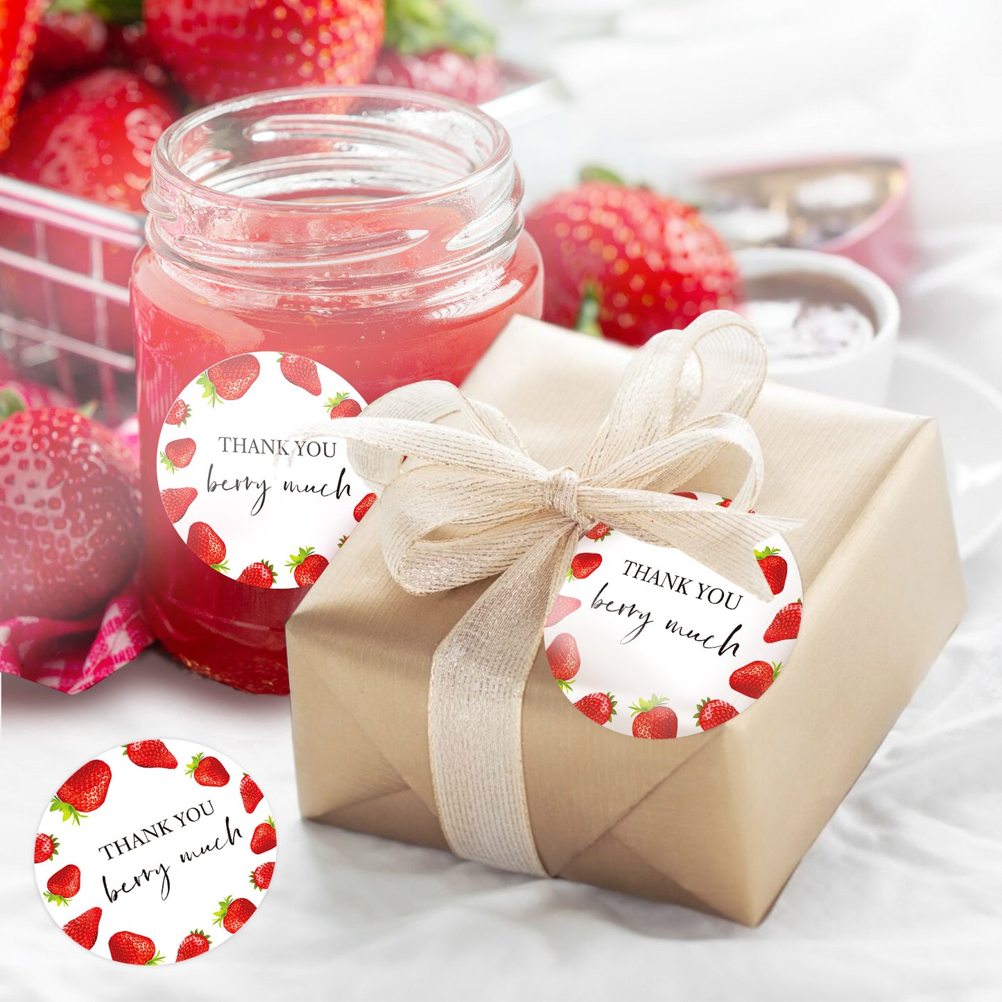 Anwyll Strawberry Thank You Stickers,120Pcs 2Inch Thank You Berry Much Stickers,Thank You Party Favor Stickers,Self-Adhesive Sweet Strawberry Birthday Party Thank You Sticker Label for Cookie Bag Gift
