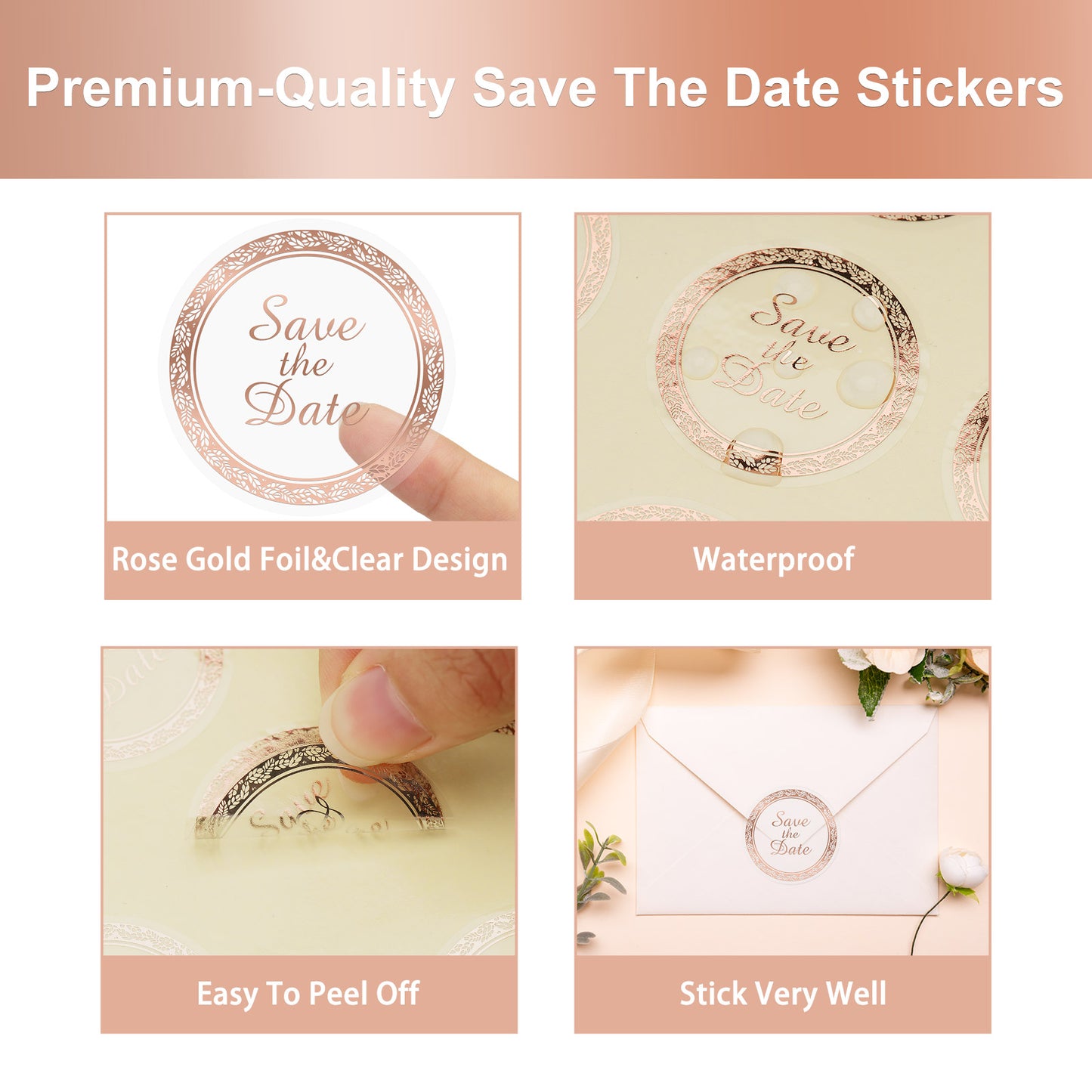 Anwyll Save The Date Stickers,100Pcs 1.6Inch Envelope Seals Labels Stickers for Wedding,Self-Adhesive Clear Rose Gold Foil Wedding Envelope Stickers for Invitation Card Treat Bags Party Bridal Shower