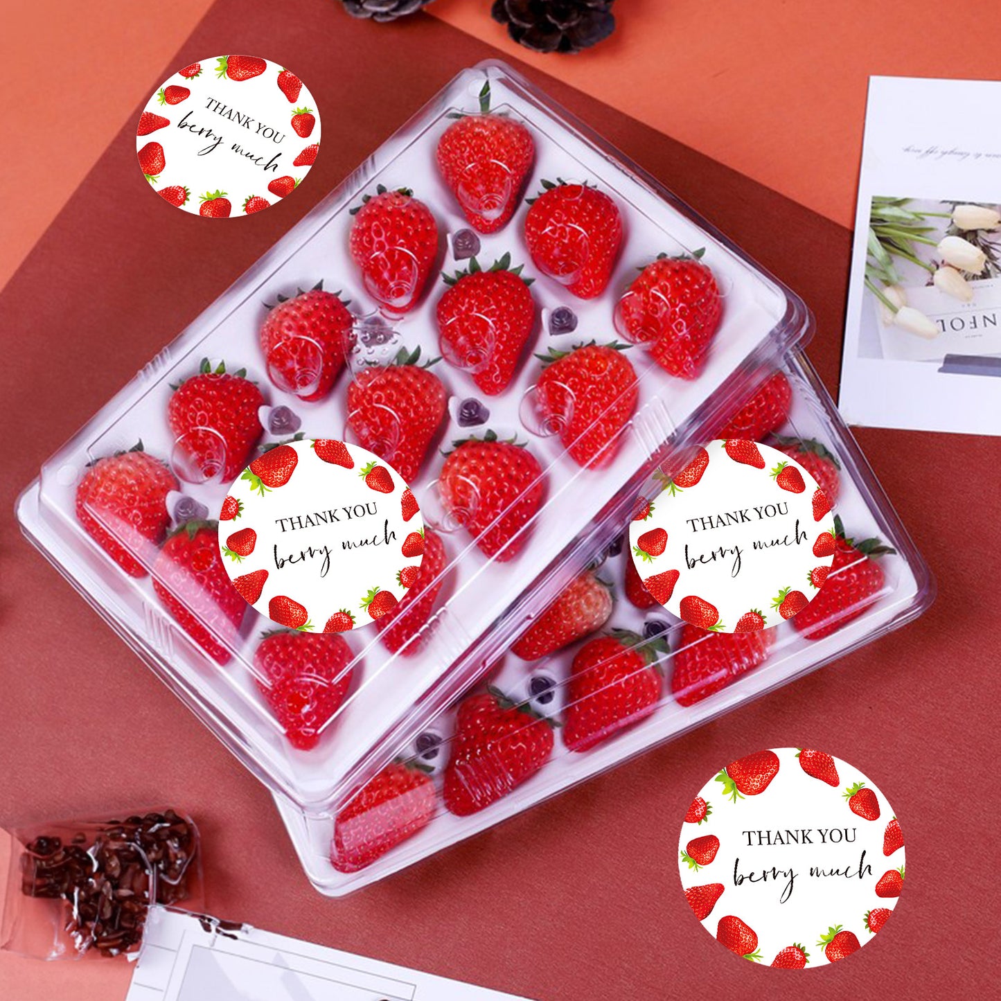 Anwyll Strawberry Thank You Stickers,120Pcs 2Inch Thank You Berry Much Stickers,Thank You Party Favor Stickers,Self-Adhesive Sweet Strawberry Birthday Party Thank You Sticker Label for Cookie Bag Gift
