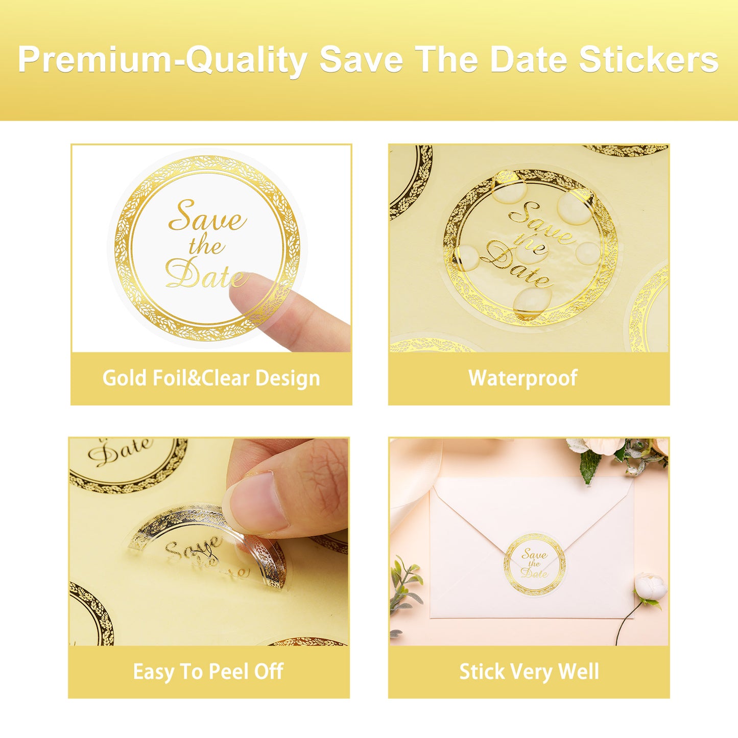 Anwyll Save The Date Stickers,100Pcs 1.6Inch Envelope Seals Labels Stickers for Wedding,Self-Adhesive Clear Metal Gold Foil Wedding Envelope Stickers for Invitation Card Treat Bag Party Bridal Shower