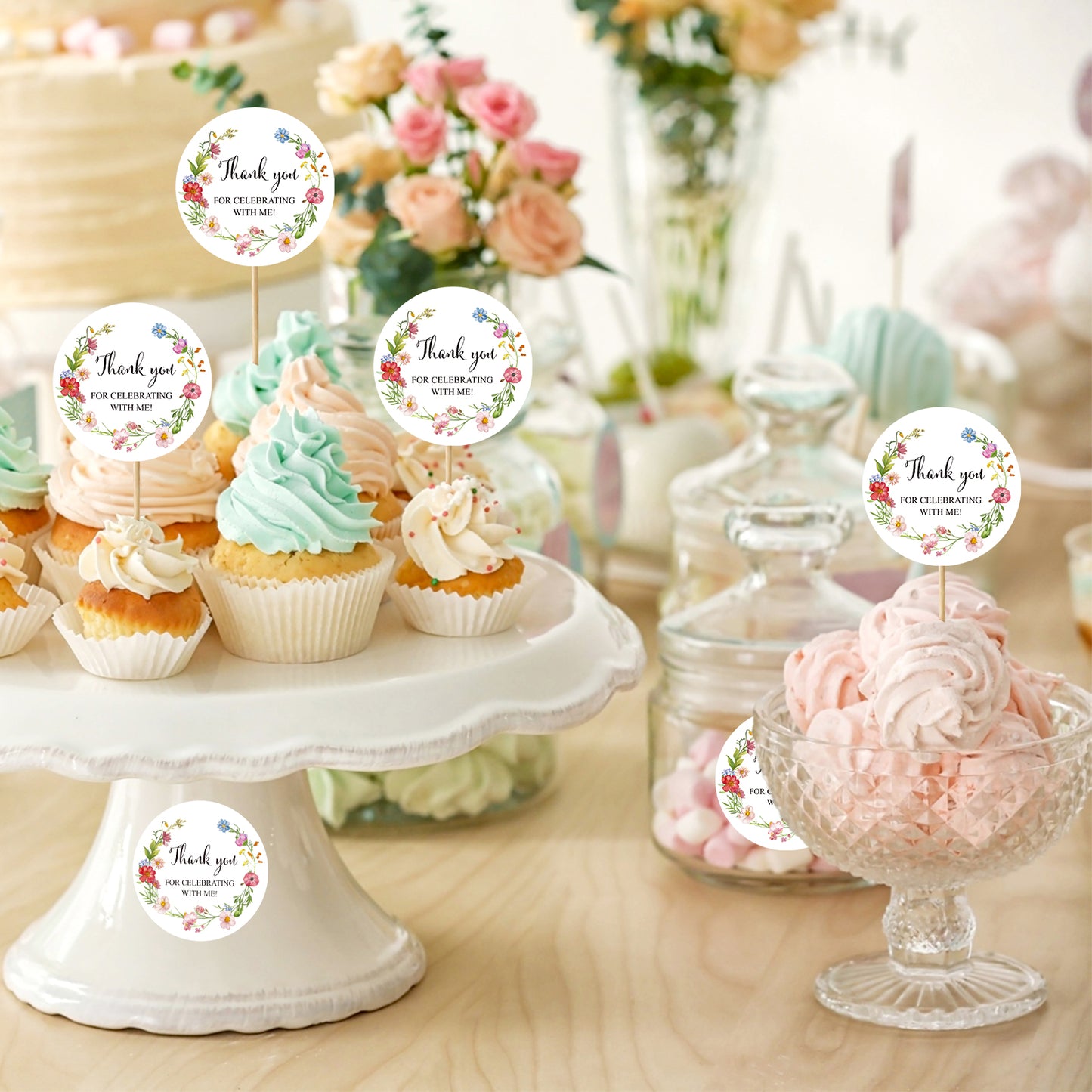 Anwyll Wildflower Thank You Party Favors Stickers,60Pcs 2Inch Thank You Stickers,Thank You for Celebrating with Me Stickers,Self-Adhesive Thank you Coming Gift Sticker for Birthday Wedding Baby Shower