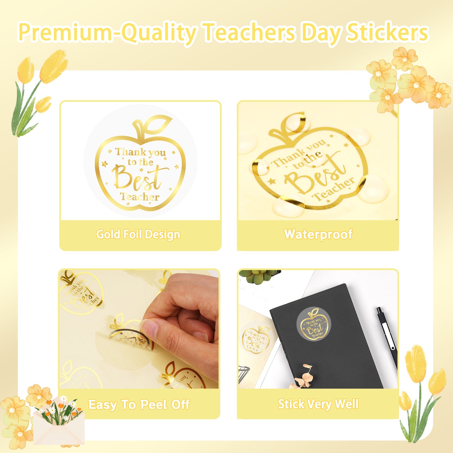 Anwyll Teacher Appreciation Stickers,Thank You Best Teacher Ever Stickers Labels,60Pcs 2Inch Teachers Day Gift Stickers,Gold Foil Apple Gift Stickers for Card Envelope Gift Wrapping Party Favor Supply