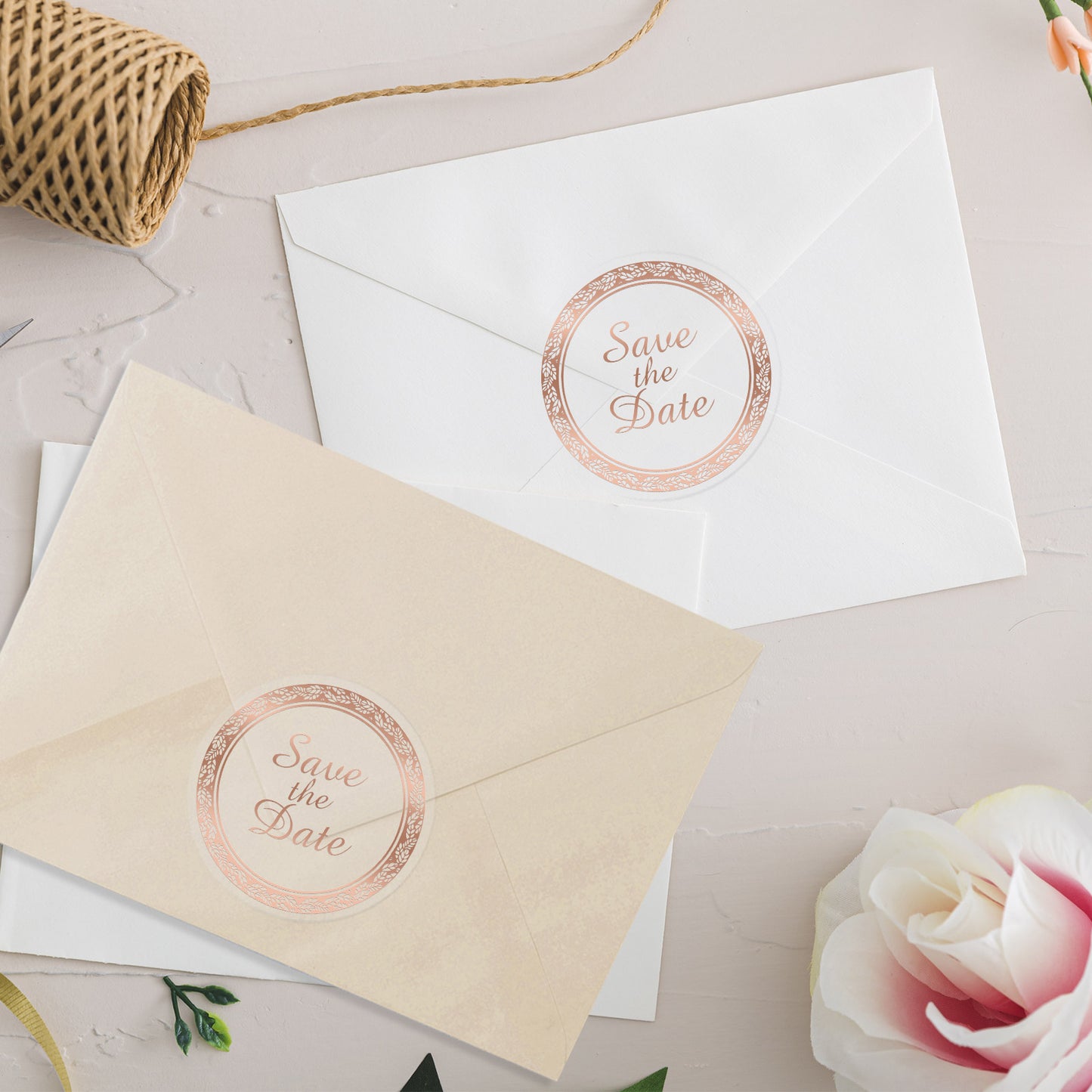 Anwyll Save The Date Stickers,100Pcs 1.6Inch Envelope Seals Labels Stickers for Wedding,Self-Adhesive Clear Rose Gold Foil Wedding Envelope Stickers for Invitation Card Treat Bags Party Bridal Shower