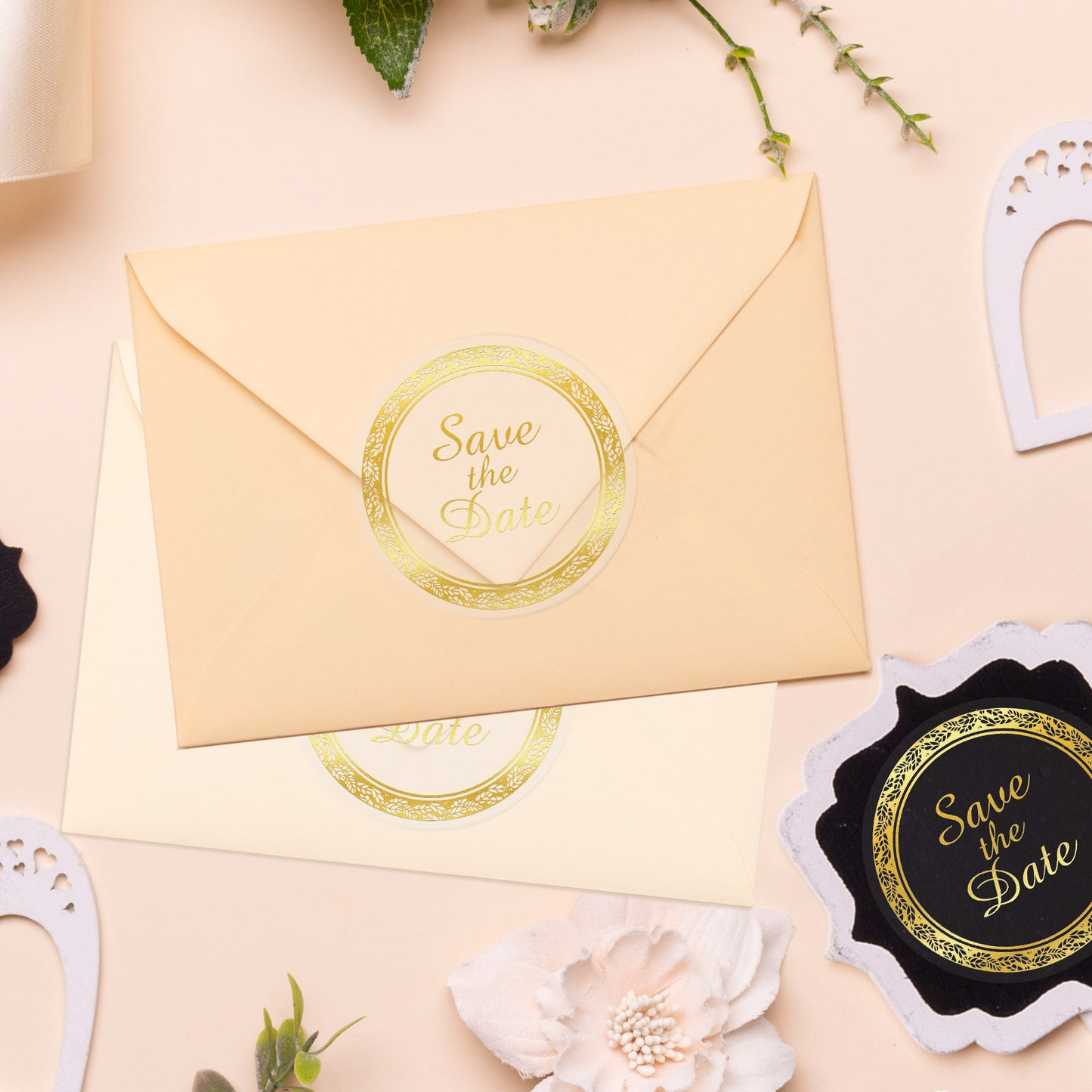Anwyll Save The Date Stickers,100Pcs 1.6Inch Envelope Seals Labels Stickers for Wedding,Self-Adhesive Clear Metal Gold Foil Wedding Envelope Stickers for Invitation Card Treat Bag Party Bridal Shower