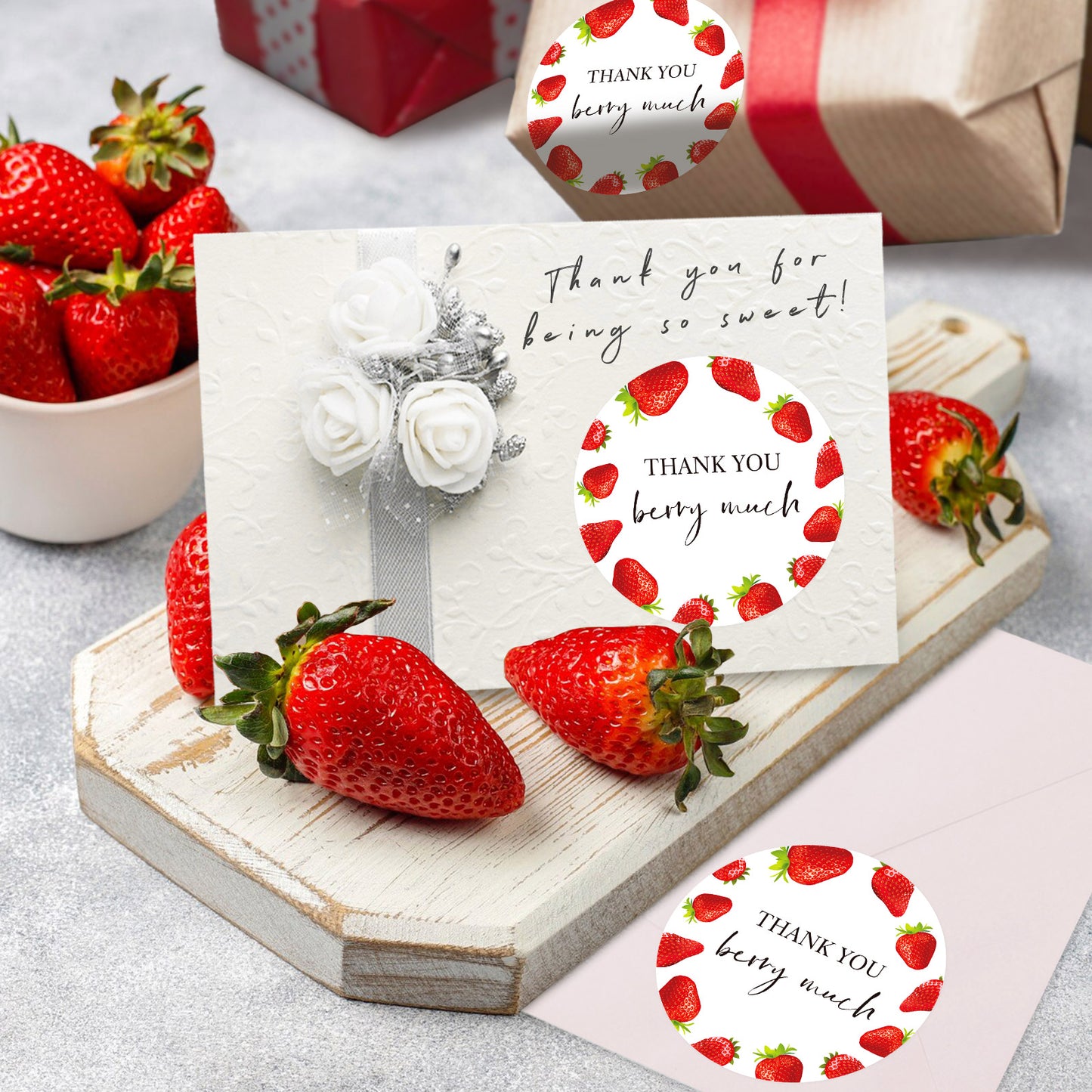 Anwyll Strawberry Thank You Stickers,120Pcs 2Inch Thank You Berry Much Stickers,Thank You Party Favor Stickers,Self-Adhesive Sweet Strawberry Birthday Party Thank You Sticker Label for Cookie Bag Gift