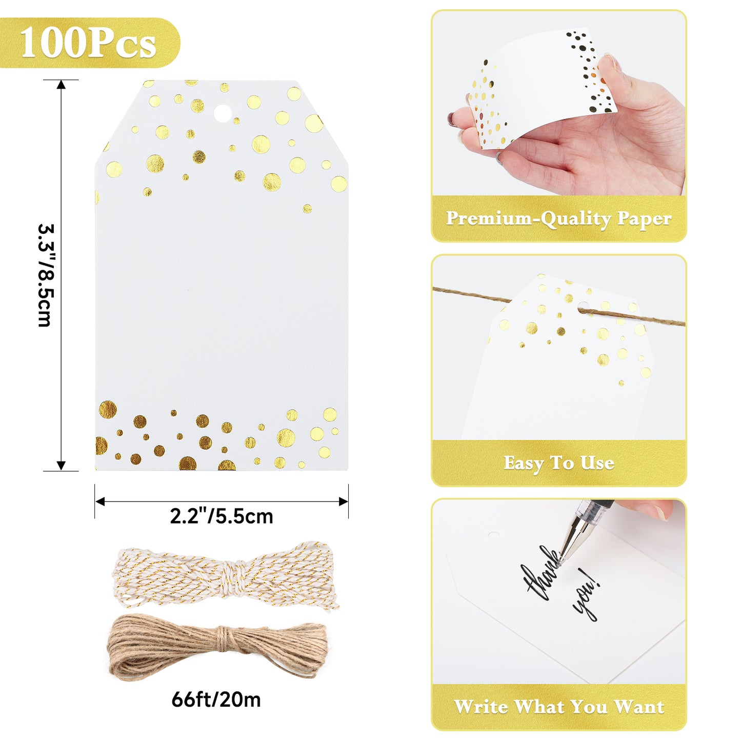 Anwyll Gift Tags,Gold Foil Metallic Confetti Polka Dots Gift Bag Tags,100Pcs Personalized Paper Gift Tags with Strings,White Paper Gift Labels for Birthday Party Wedding Christmas Favor Gift Wrapping