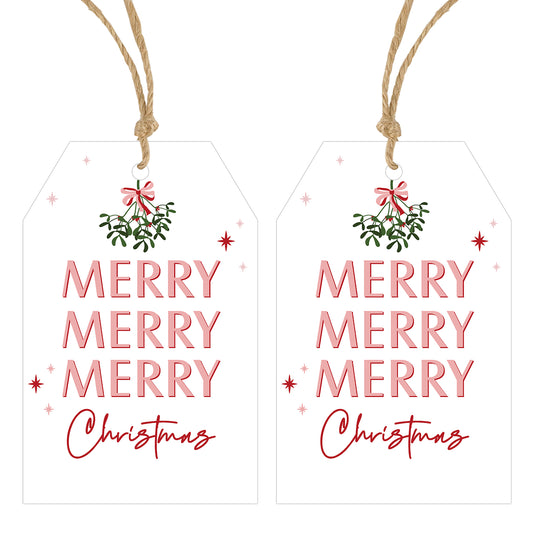 Anwyll Christmas Gift Tags,50Pcs Pink Merry Merry Merry Christmas Gift Wrapping Tags with String Attached,Happy Holiday Gift Tags,Xmas Hanging Gift Tags for Present Holiday Christmas Party Decorations