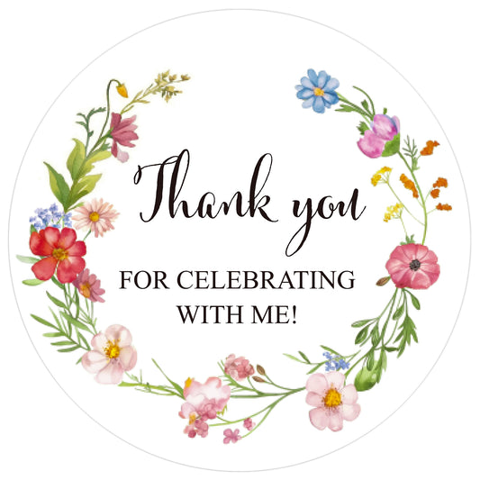 Anwyll Wildflower Thank You Party Favors Stickers,60Pcs 2Inch Thank You Stickers,Thank You for Celebrating with Me Stickers,Self-Adhesive Thank you Coming Gift Sticker for Birthday Wedding Baby Shower