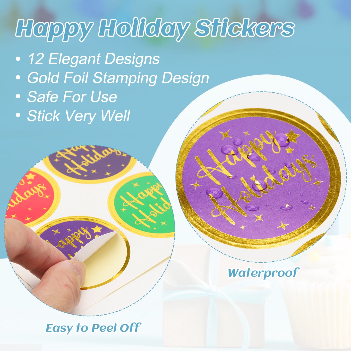 Anwyll Holiday Stickers, Happy Holiday Stickers, 120 Pcs 2 Inch Gold Foil Stamping Envelope Stickers Seals Labels, Merry Christmas Stickers, Xmas Gift Tag Stickers for Holiday Party Card Gift Wrapping