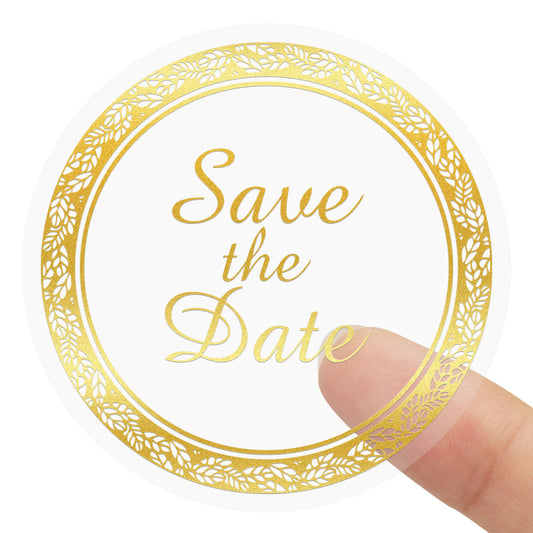 Anwyll Save The Date Stickers,100Pcs 1.6Inch Envelope Seals Labels Stickers for Wedding,Self-Adhesive Clear Metal Gold Foil Wedding Envelope Stickers for Invitation Card Treat Bag Party Bridal Shower