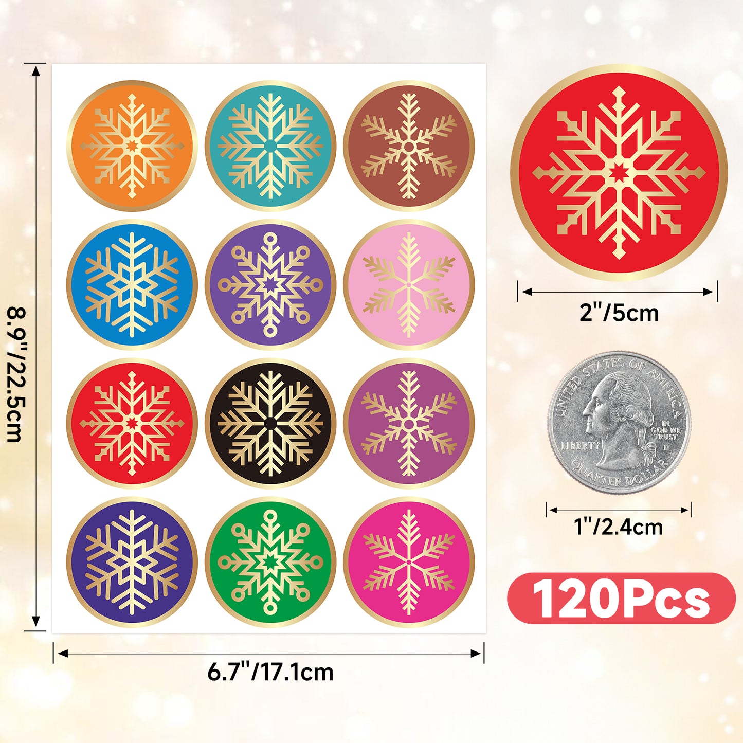 Anwyll Christmas Snowflake Stickers,Merry Christmas Gift Stickers,120Pcs 2Inch Gold Foil Stamping Christmas Envelope Seal Label Sticker,Self-Adhesive Xmas Gift Stickers,Holiday Stickers for Card Craft