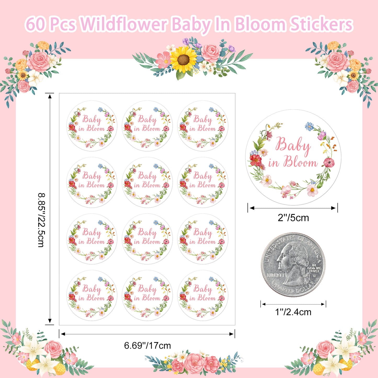 Anwyll Wildflower Baby Shower Stickers,60Pcs 2Inch Flower Baby In Bloom Stickers,Self-Adhesive Baby Shower Party Favors Stickers,Envelope Seal Label Sticker for Baby Shower Party Decoration Girls Boys