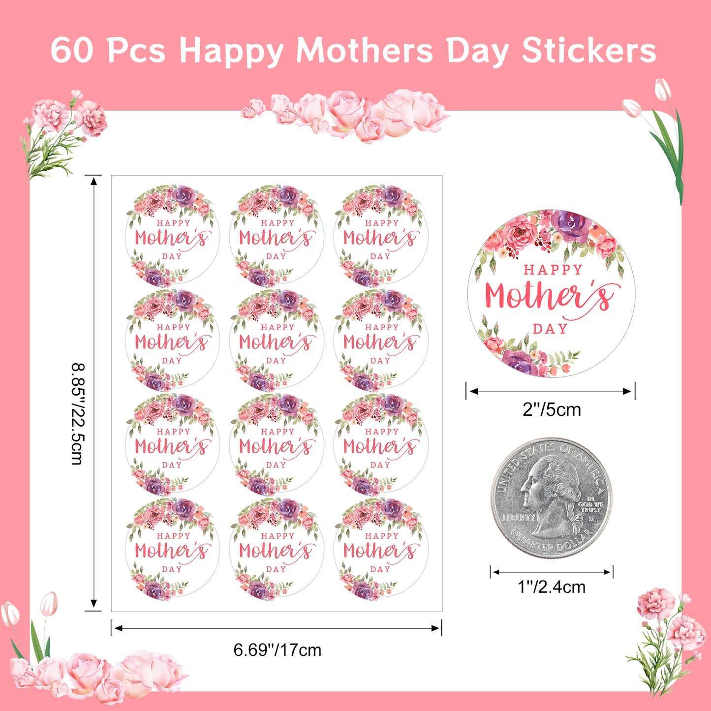 Anwyll Mothers Day Gift Stickers,Happy Mother's Day Stickers,60Pcs 2Inch Round Mothers Day Labels Stickers,Self-Adhesive Floral Mothers Day Present Stickers for Gift Wrap Envelope Seal Card Flower