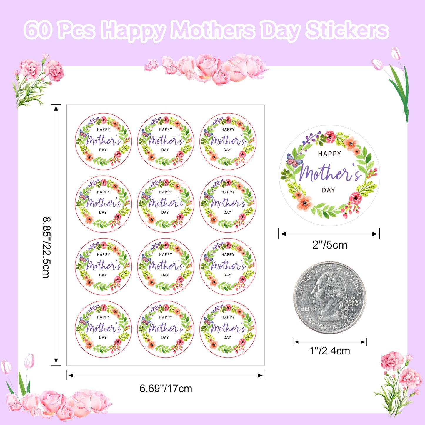 Anwyll Mothers Day Gift Stickers,Happy Mother's Day Stickers,60Pcs 2Inch Large Mothers Day Seal Label Sticker,Self-Adhesive Floral Mothers Day Present Stickers for Gift Wrapping Envelope Flower Card