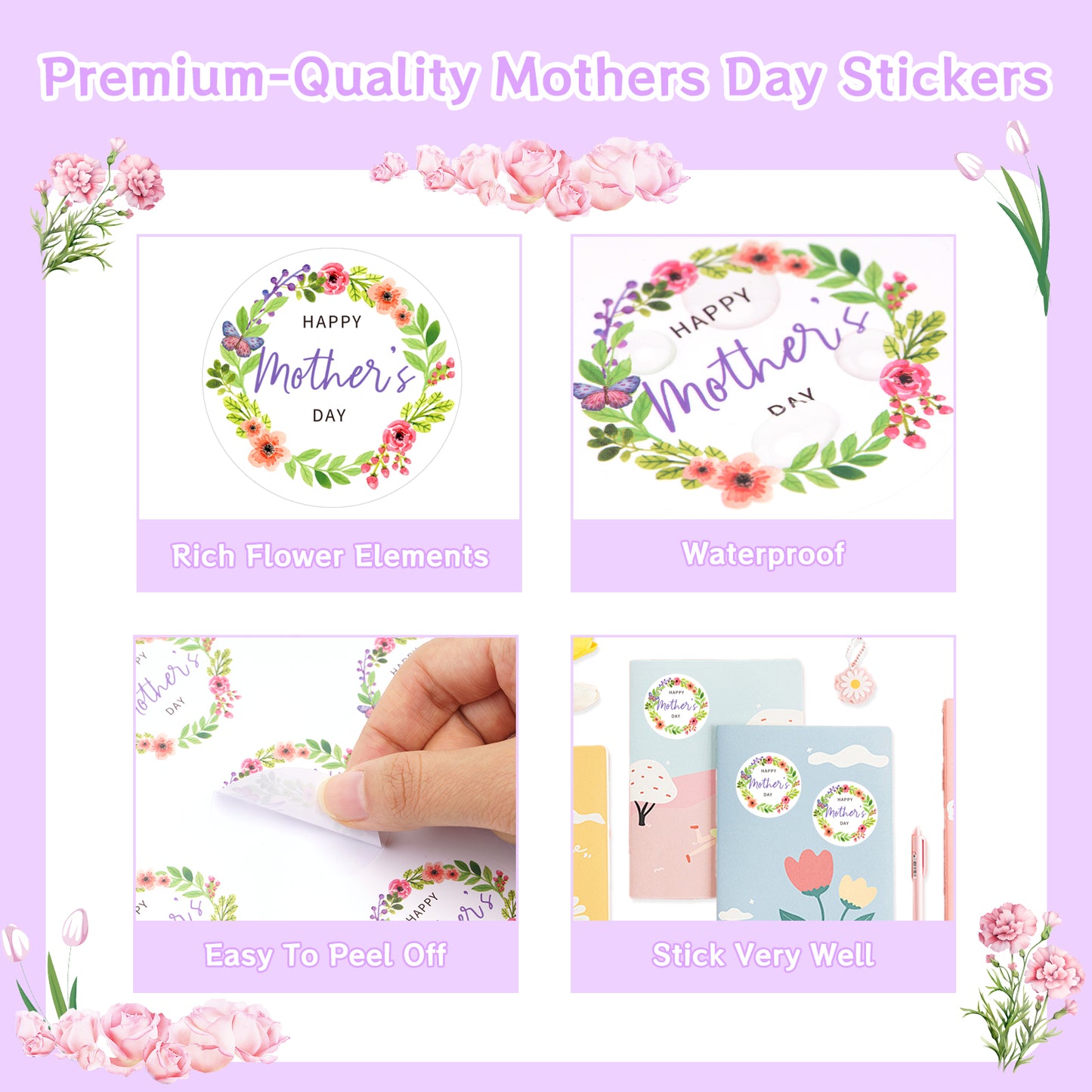Anwyll Mothers Day Gift Stickers,Happy Mother's Day Stickers,60Pcs 2Inch Large Mothers Day Seal Label Sticker,Self-Adhesive Floral Mothers Day Present Stickers for Gift Wrapping Envelope Flower Card