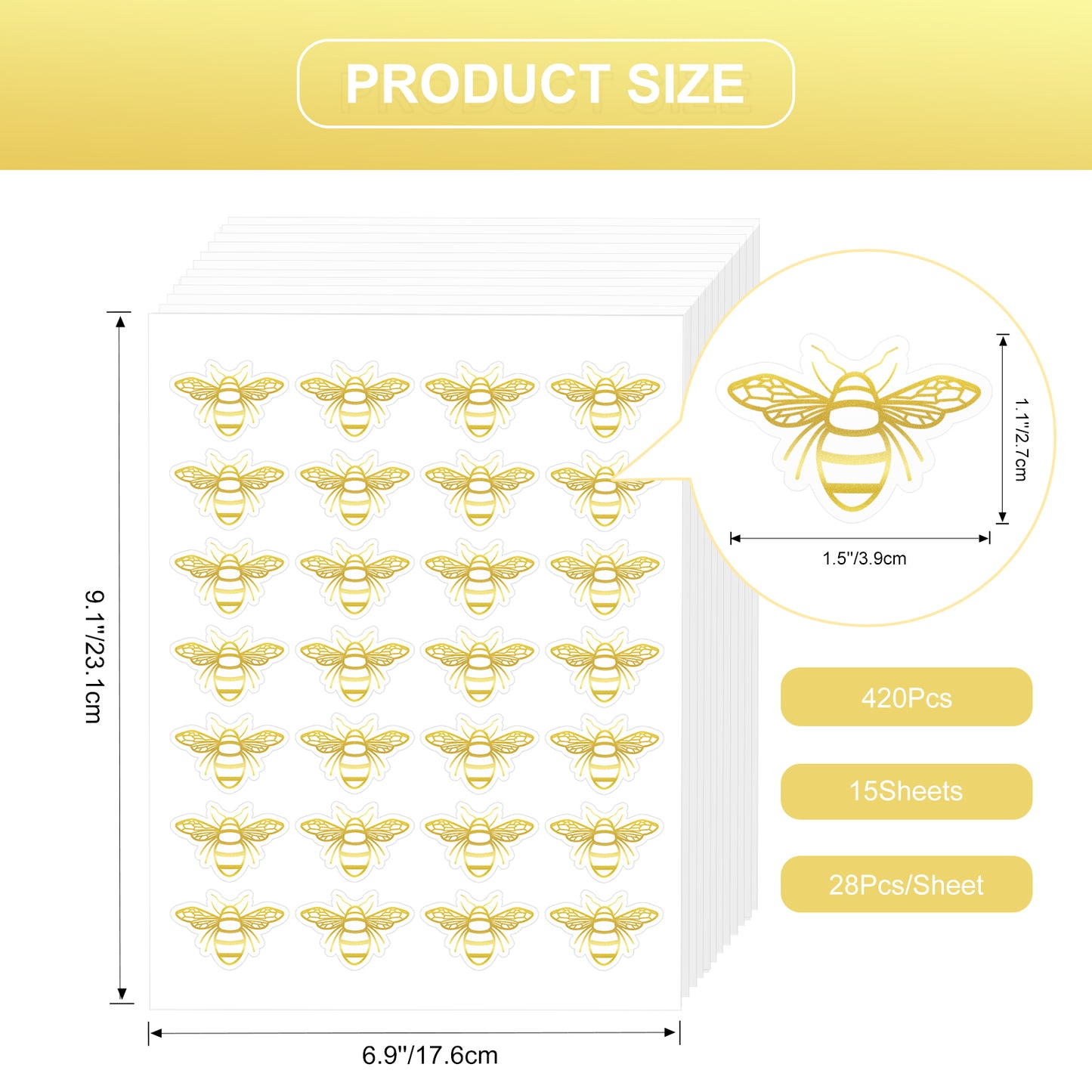 Anwyll Bee Stickers,Gold Foil Envelope Seals Stickers,420Pcs Queen Bee Labels Decals Stickers,Self-Adhesive Spring Gold Foil Bee Sticker for Invitation Card Gift Wrap Bee Day Wedding Party Baby Shower