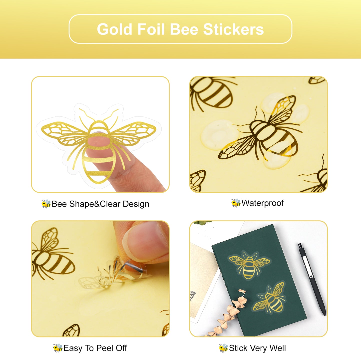 Anwyll Bee Stickers,Gold Foil Envelope Seals Stickers,420Pcs Queen Bee Labels Decals Stickers,Self-Adhesive Spring Gold Foil Bee Sticker for Invitation Card Gift Wrap Bee Day Wedding Party Baby Shower