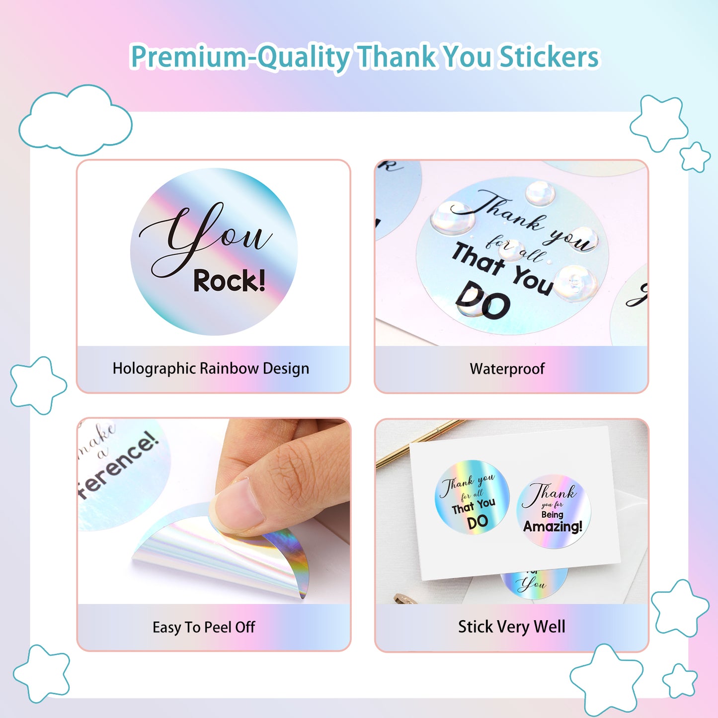 Anwyll Kudos Appreciation Thank You Stickers,120Pcs 2Inch Thank You for All You Do Stickers,Holographic Rainbow You Are Awesome Sticker,so Grateful for You Sticker for Employee Nurse Teacher Volunteer